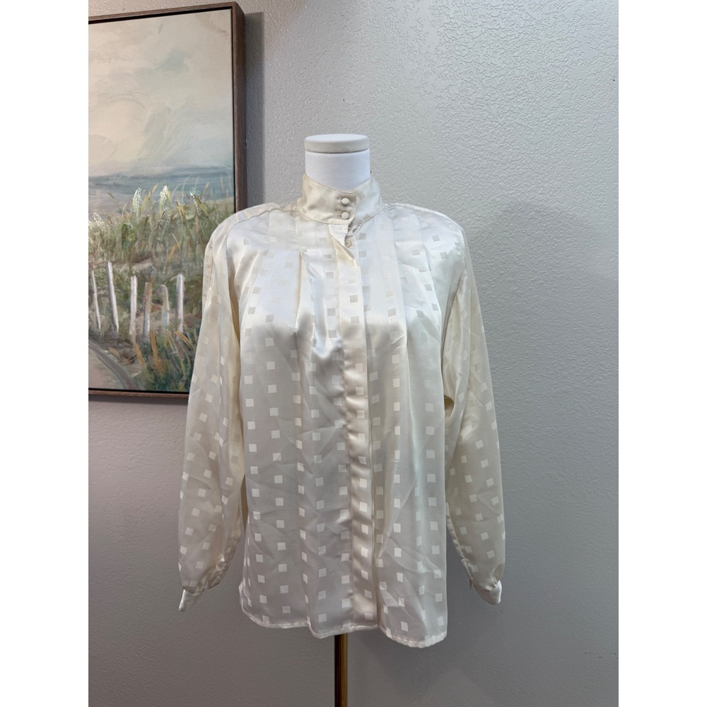 Jennifer Vintage Cream Jacquard Satin Mock Neck Blouse 80s Secretary Top Size 10